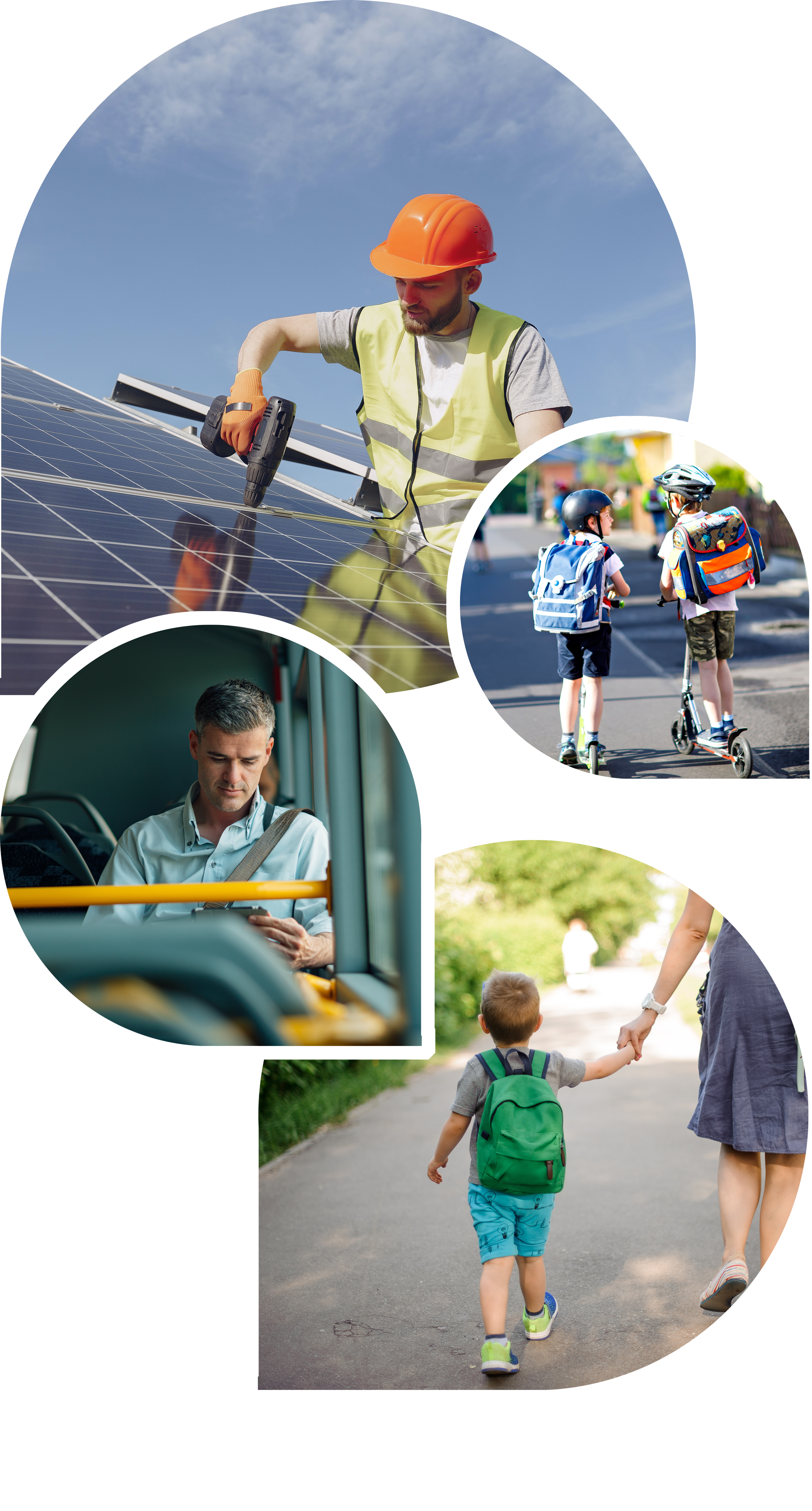 Images of solar panel installation, bus travel, travelling to school and family walking