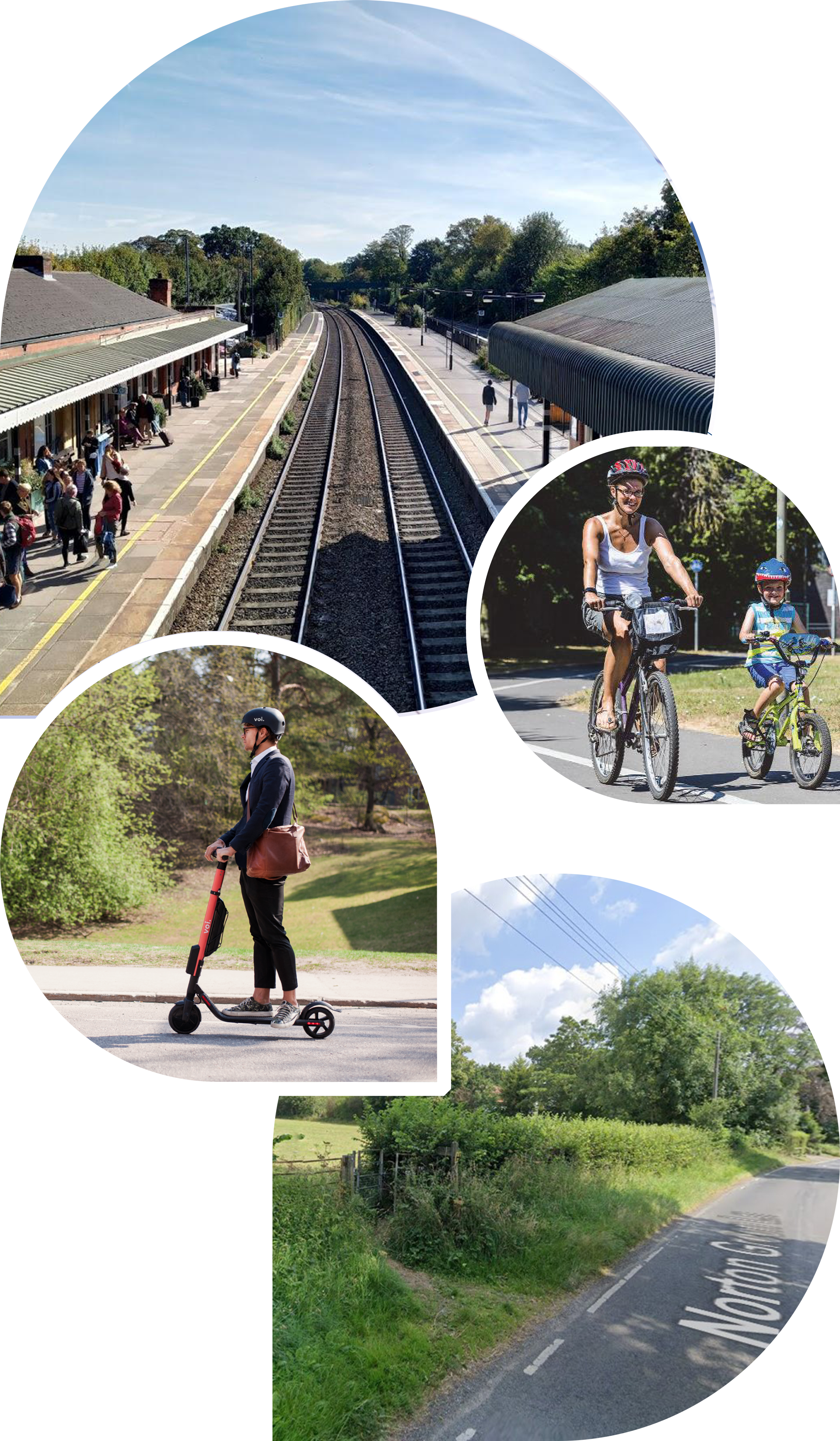 Images of train station, family cycling, hedgerows and man on electric scooter